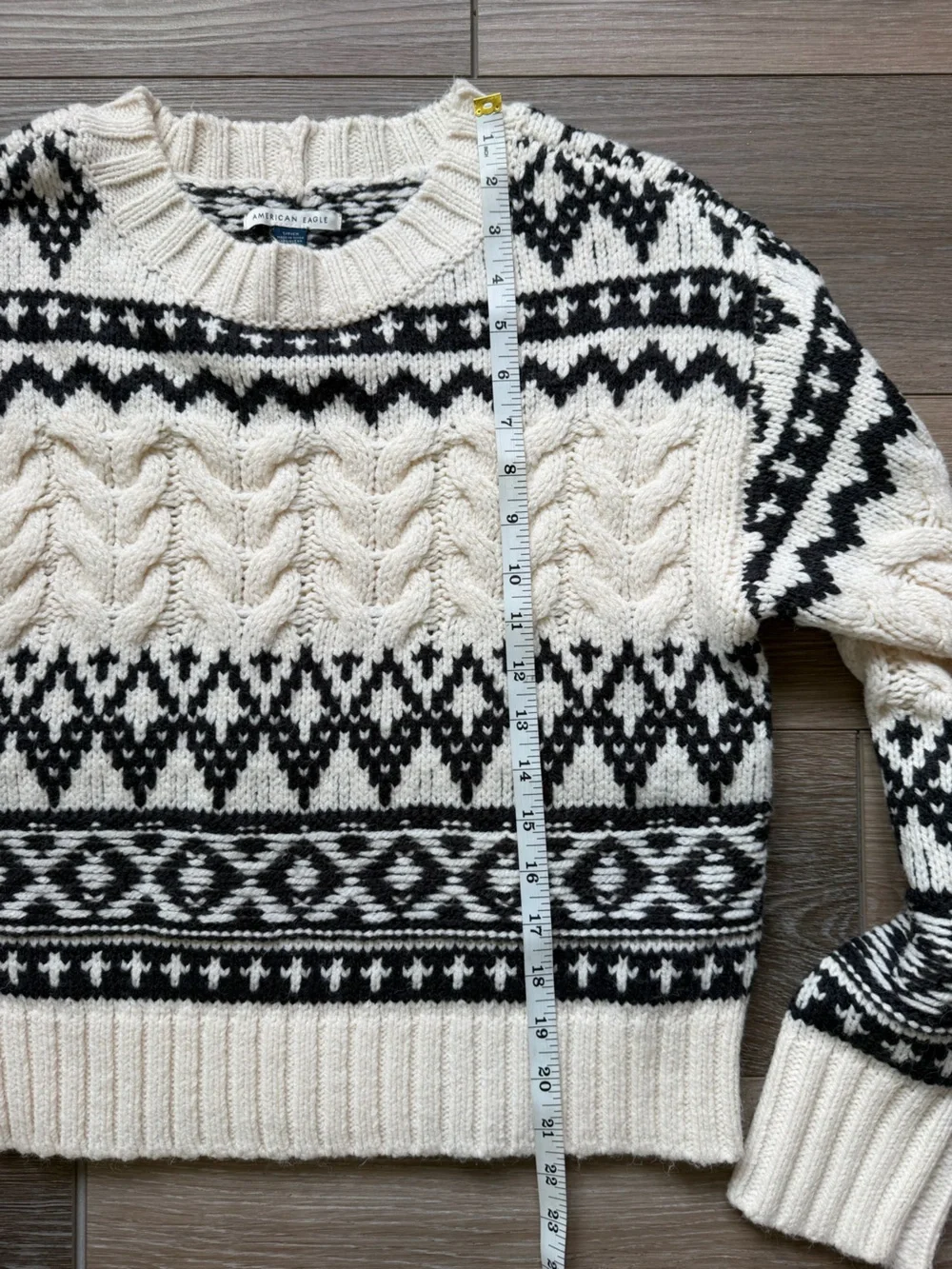 American Eagle Outfitters Cream & Black Fair Isle Cable Knit Sweater
